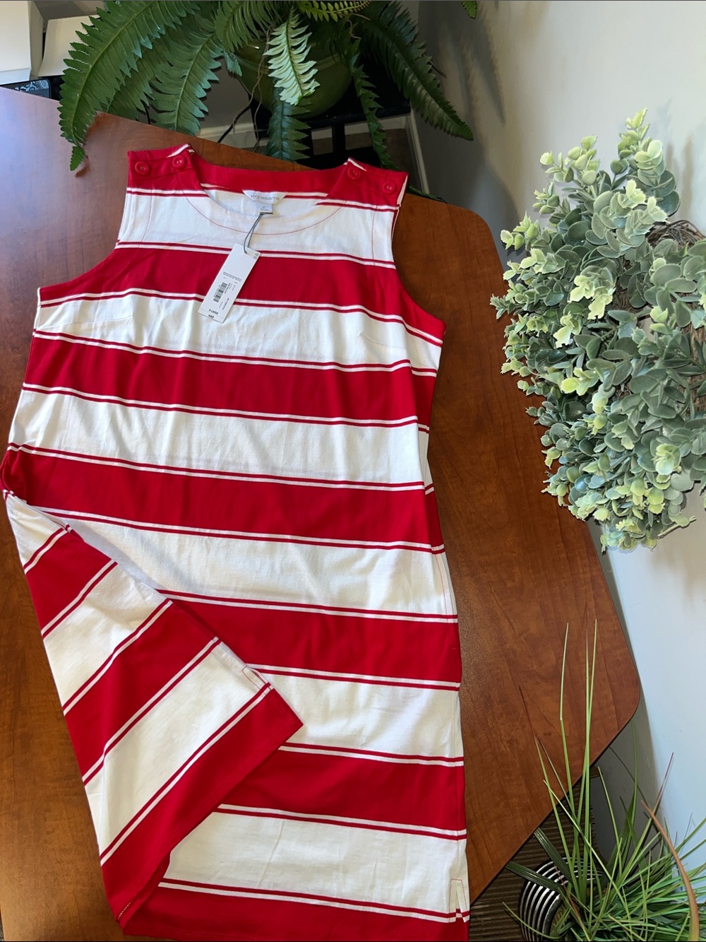 Red and White Striped Sleeveless Shift with Pockets Dress xl